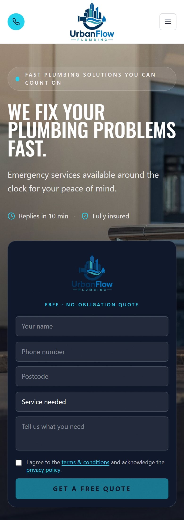 Urbanflow Plumbing mobile landing page with hero and quote form