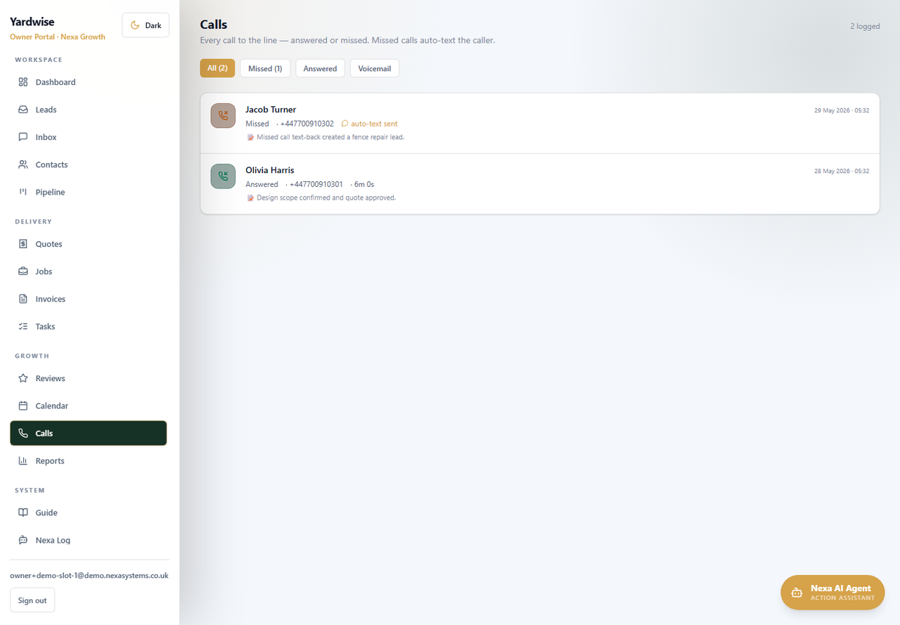 Owner portal calls log